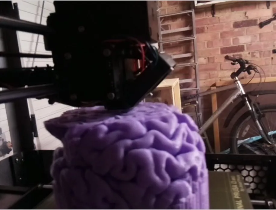 Another brain part way through printing, seen through the printer’s webcam: the print head just above a half-finished purple cortex on a Prusa i3, with a brick wall and a bicycle behind it.