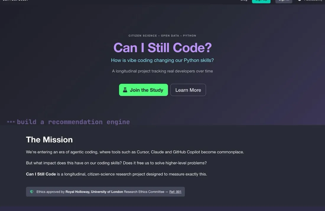 The Can I Still Code? site, inviting developers to join a longitudinal study.