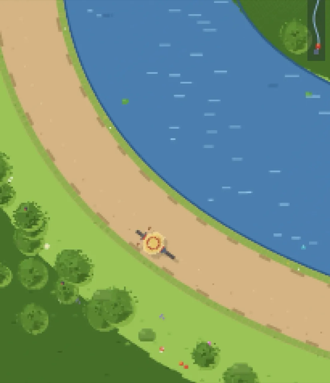 A top-down pixel-art view of the game: the blue Wey curving past a sandy towpath and a hedgerow, Helen small on her bike in the middle of the path, and a HUD reading 0:10 and ‘dry so far’.