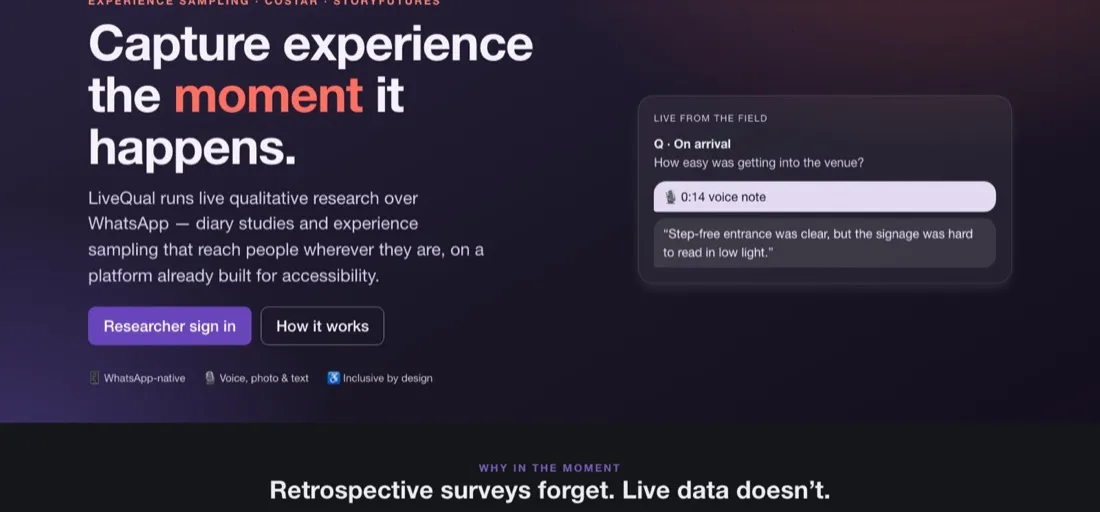 The LiveQual site, showing a live WhatsApp voice note arriving from a participant in the field.